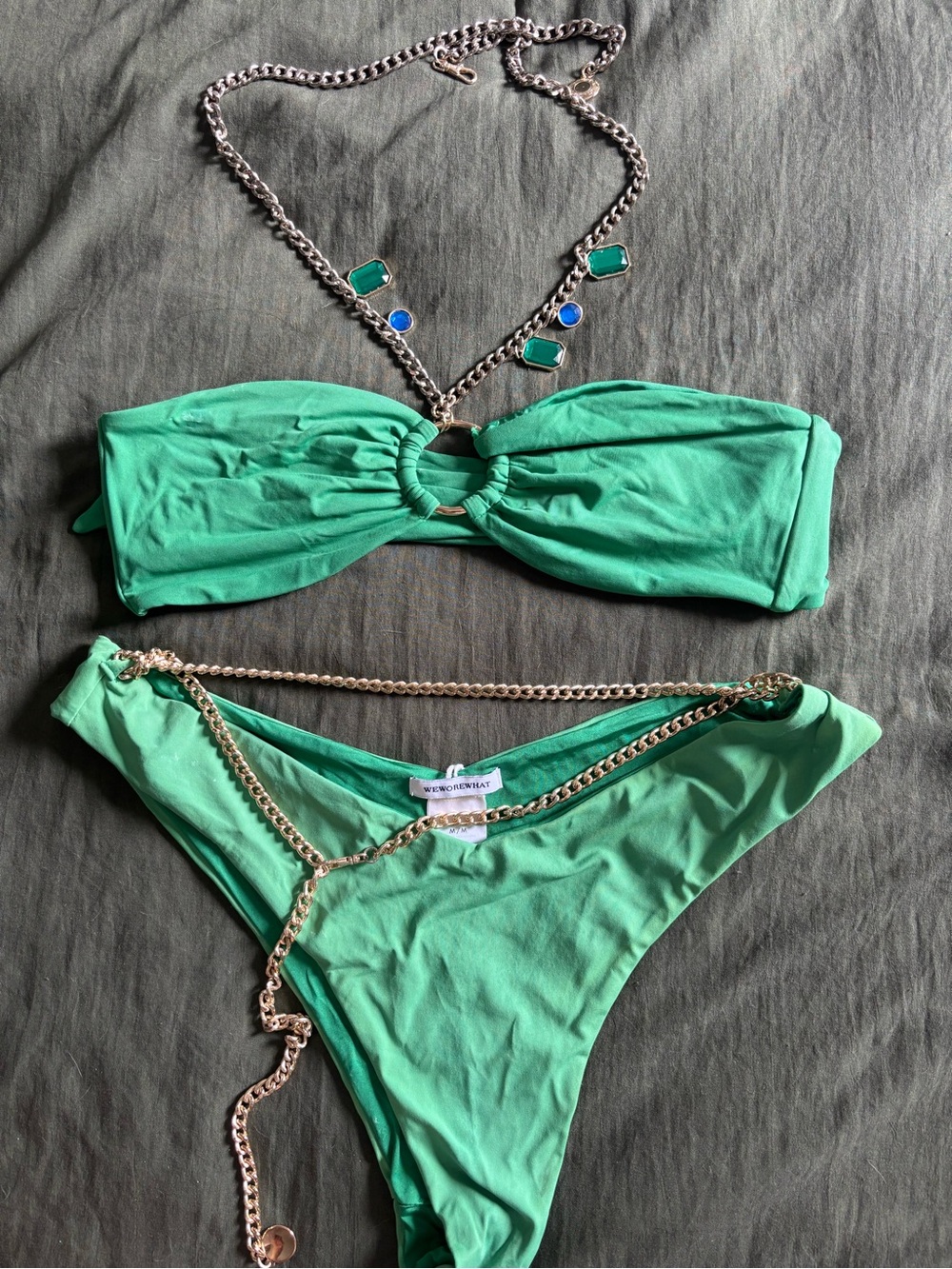 WeWoreWhat Emerald Green Bandeau Bikini with Gold Chain